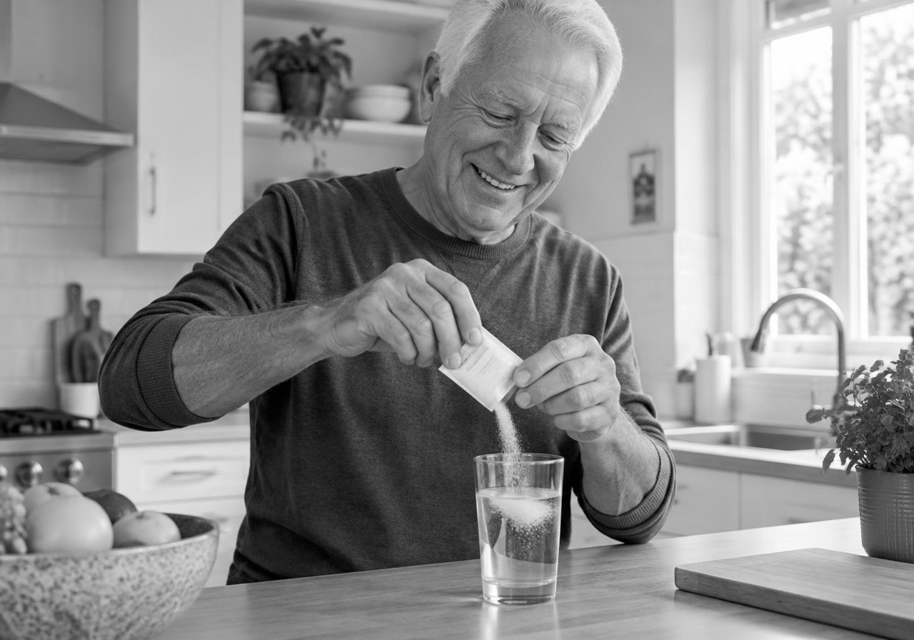 Homme âgé versant un sachet Ossiva dans un verre d'eau